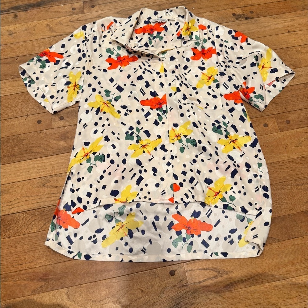 Horchow Floral Silk Blouse with Red and Yellow Accents